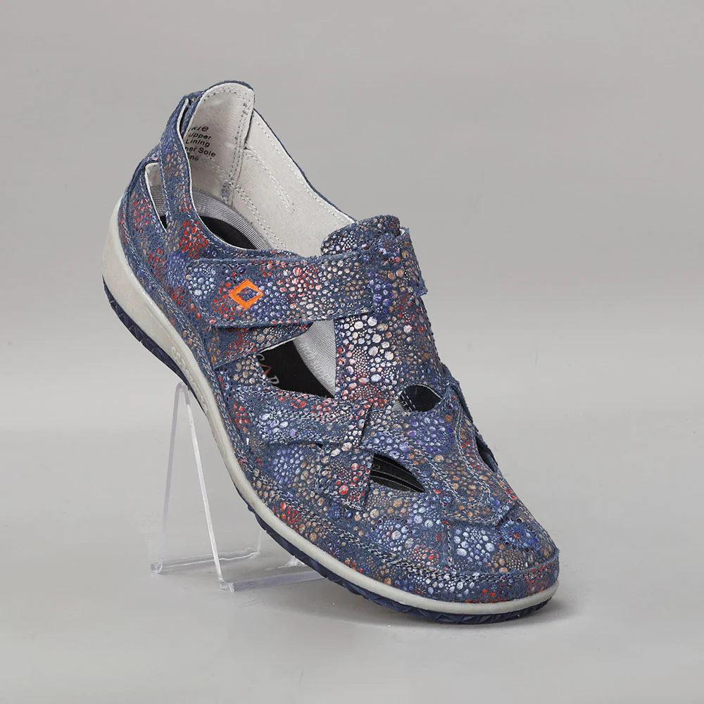 CC RESORTS Jackie Indigo Flower flats featuring a vibrant floral pattern and comfortable slip-on design.