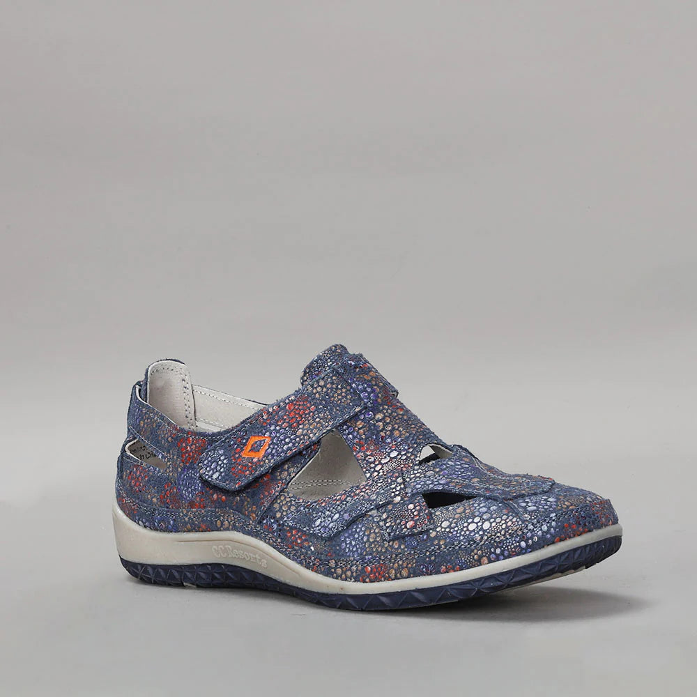 CC RESORTS Jackie Indigo Flower flats featuring a vibrant floral pattern and comfortable slip-on design.