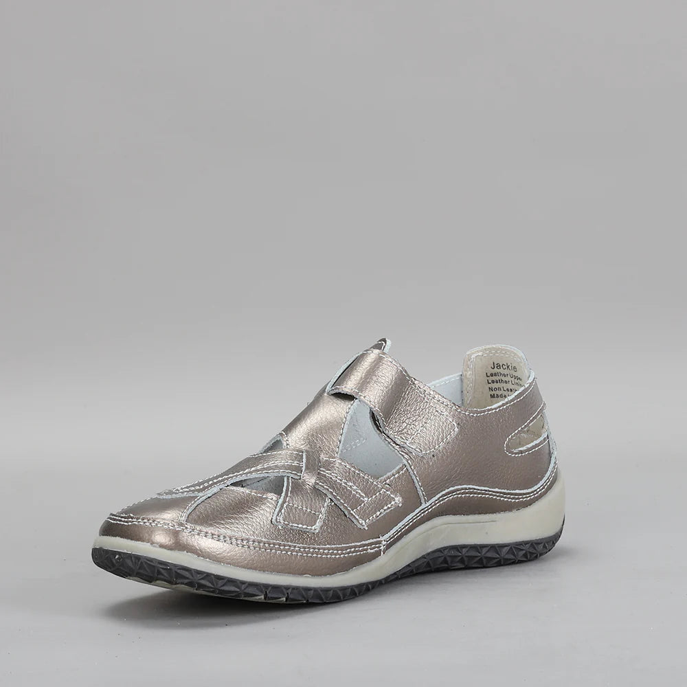 CC Resorts Jackie flats in pewter color with a sleek design, perfect for casual or dressy summer wear.