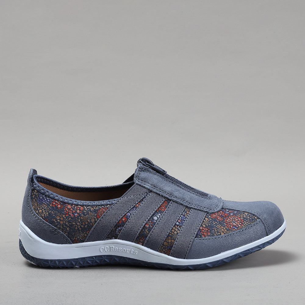 CC Resorts Jada Indigo Flower casuals shoes featuring a floral pattern and comfortable design, shown from the side view.