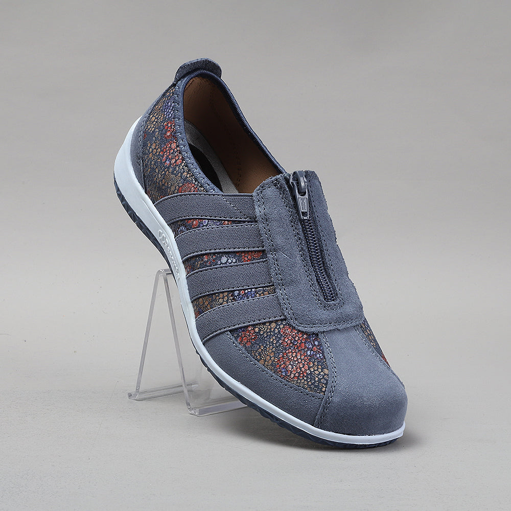 CC Resorts Jada Indigo Flower casuals shoe with floral design in natural light, showcasing the stylish footwear.
