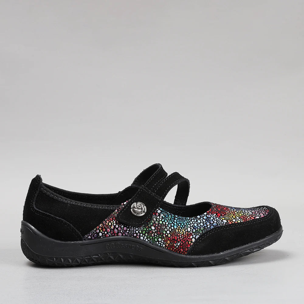 CC Resorts Jasmyne black floral flats with pointed toe and side view, featuring a stylish floral pattern and sleek design.
