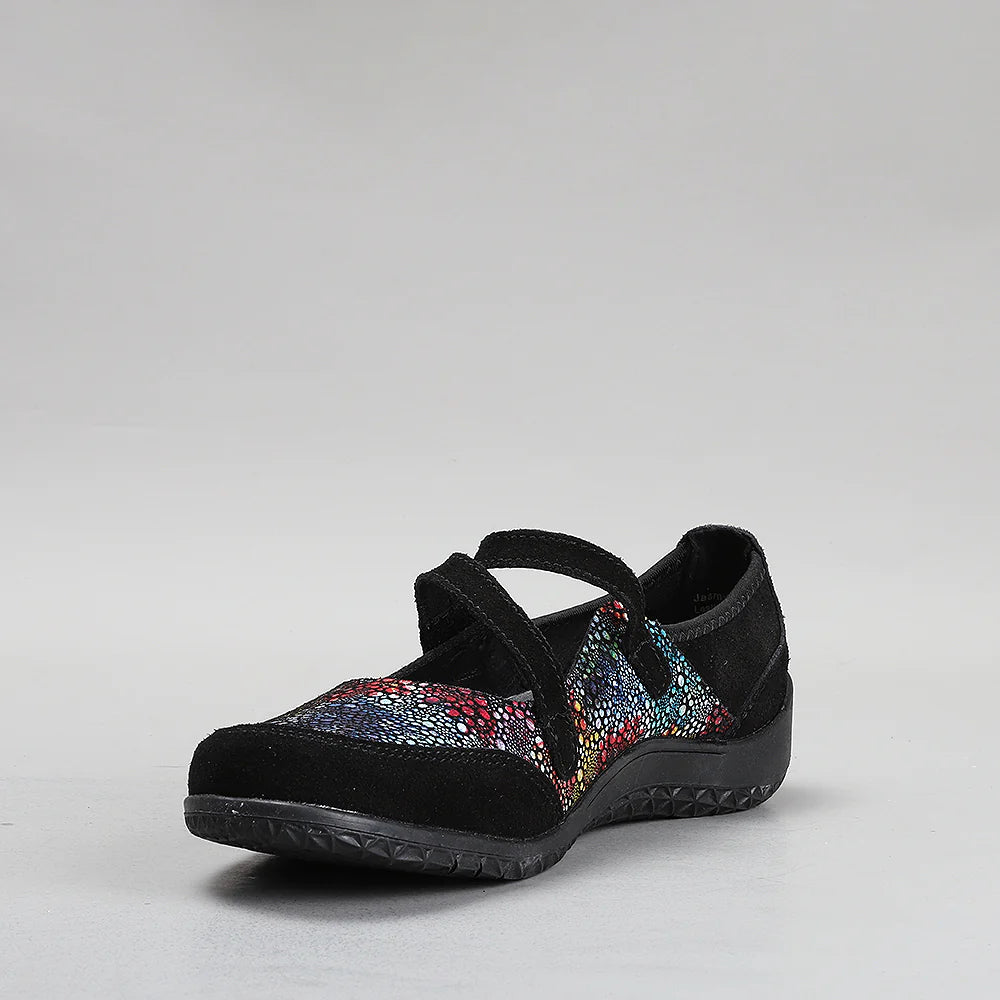 CC Resorts Jasmyne black floral flats with southwestern pattern, showcasing a stylish slip-on design and floral print.