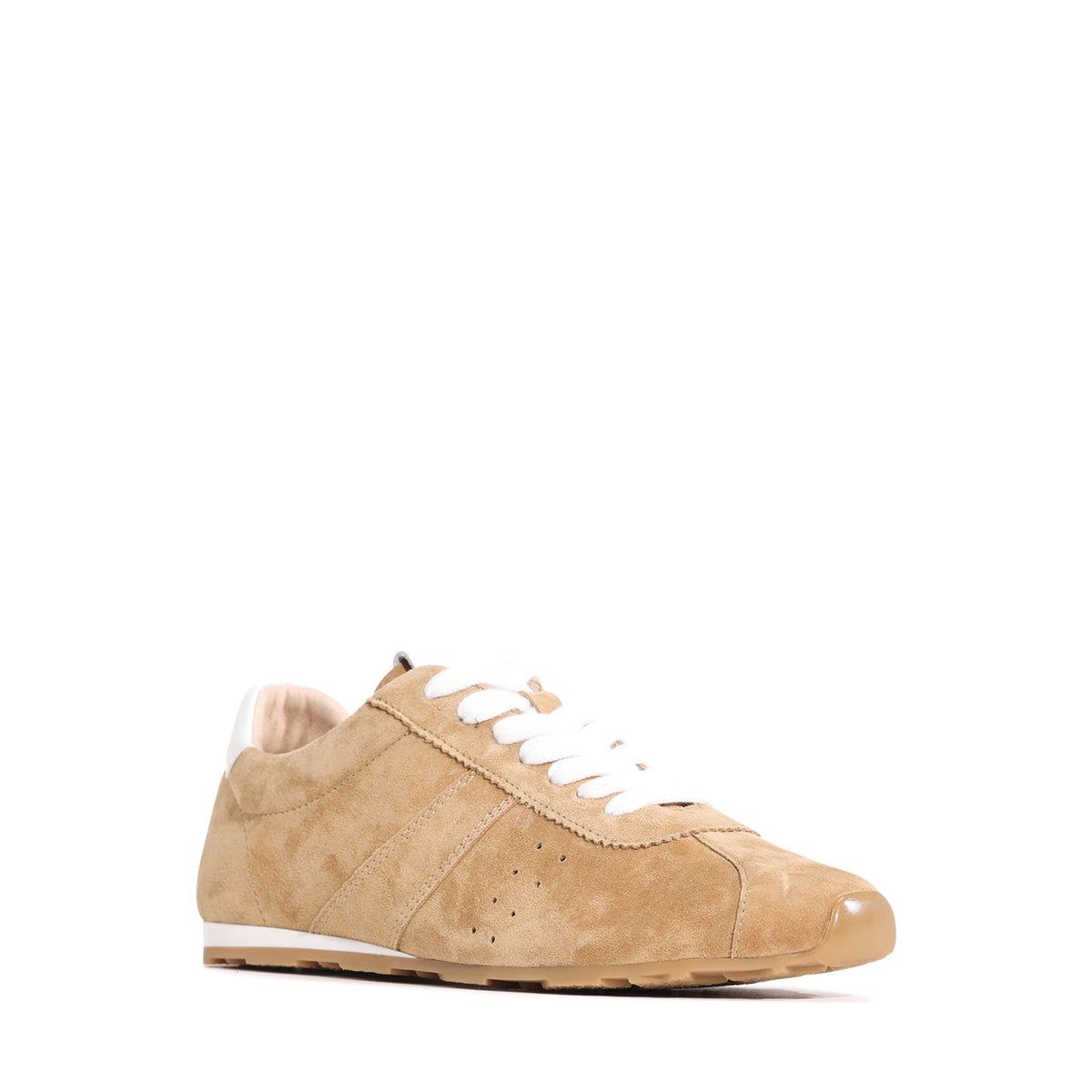 Eos Jas Sand sneakers in tan suede, featuring a sleek design and casual comfort, displayed on a clean background.
