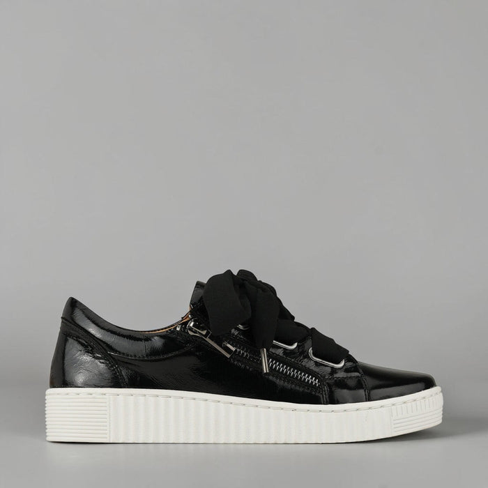 Eos Jovi black patent sneakers with crinkle finish, stylish casual footwear for everyday wear.