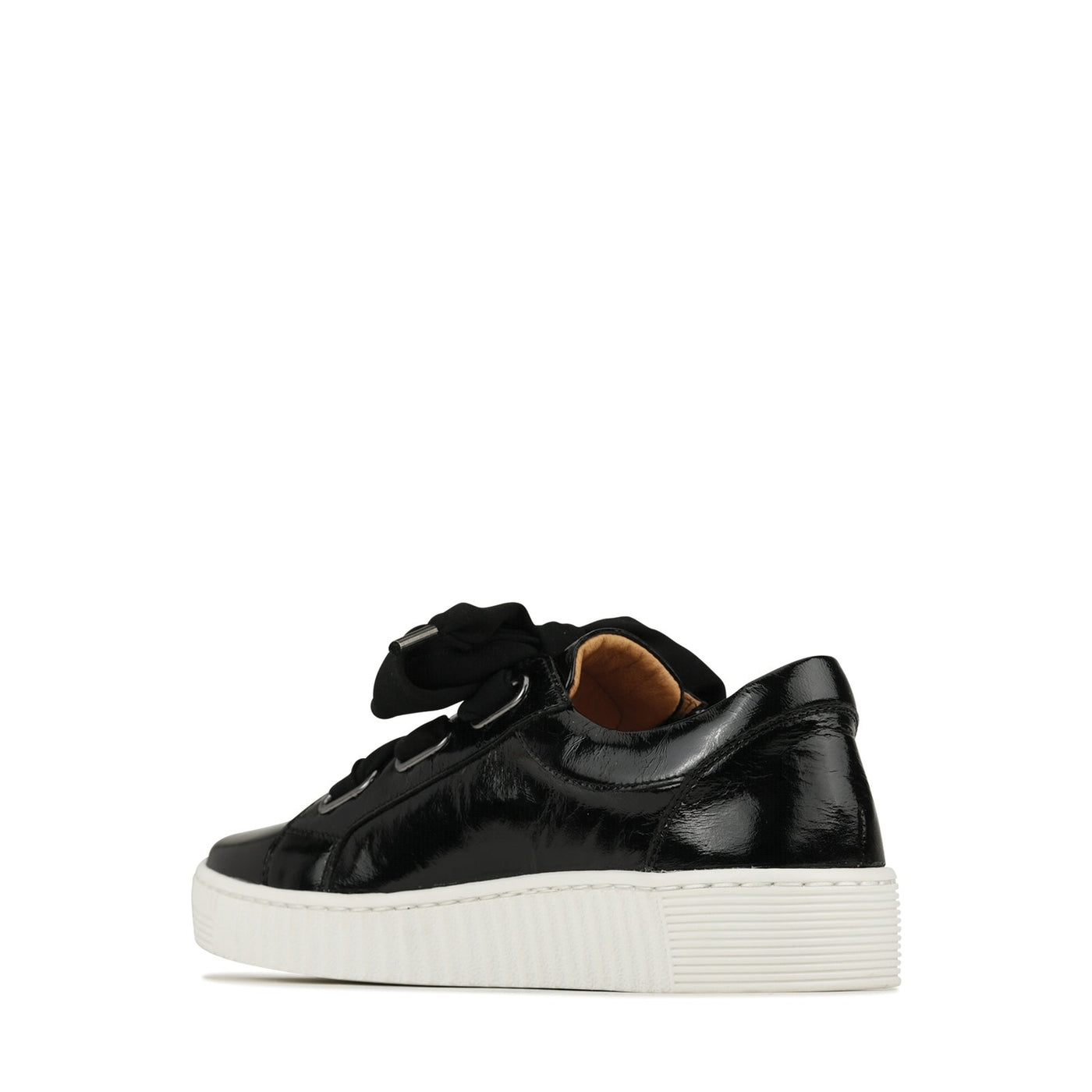 EOS Jovi black patent sneakers with crinkle finish, featuring sleek design and stylish lace-up closure.