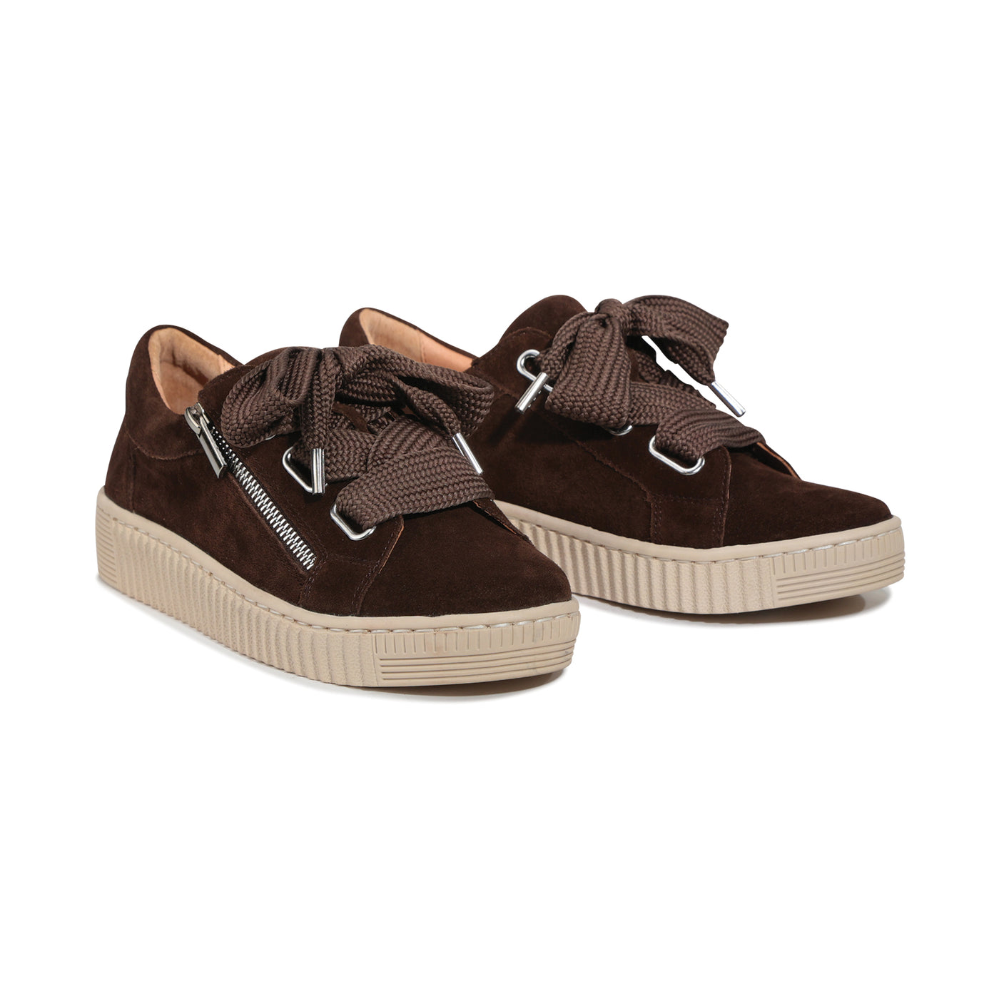 EOS Jovi Chestnut Suede Sneakers with white rubber soles and lace-up design, showcasing stylish casual footwear.