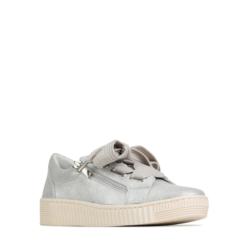 EOS Jovi Silver Sneakers featuring a sleek silver design and stylish urban look, shown from an angled view.