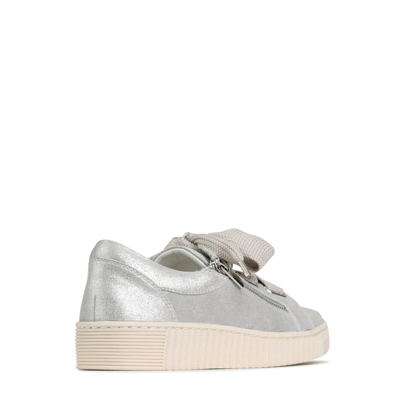 EOS JOVI Silver sneakers shown from back angle, featuring sleek silver design and stylish athletic footwear by EOS.