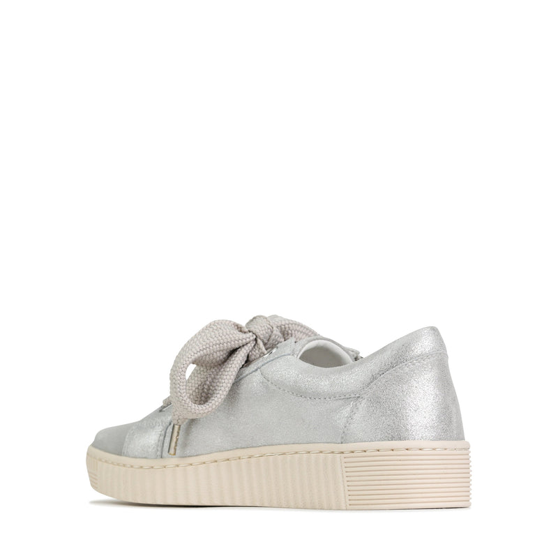EOS Jovi silver sneakers with white soles and sleek design, shown from the inside view highlighting the comfortable interior.