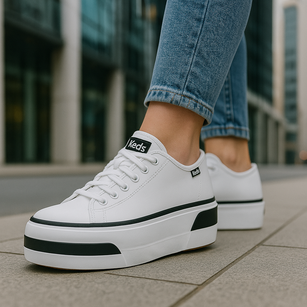 White KEDS Triple Up Bumper sneakers with cushioned soles and classic lace-up design, displayed on a plain background.