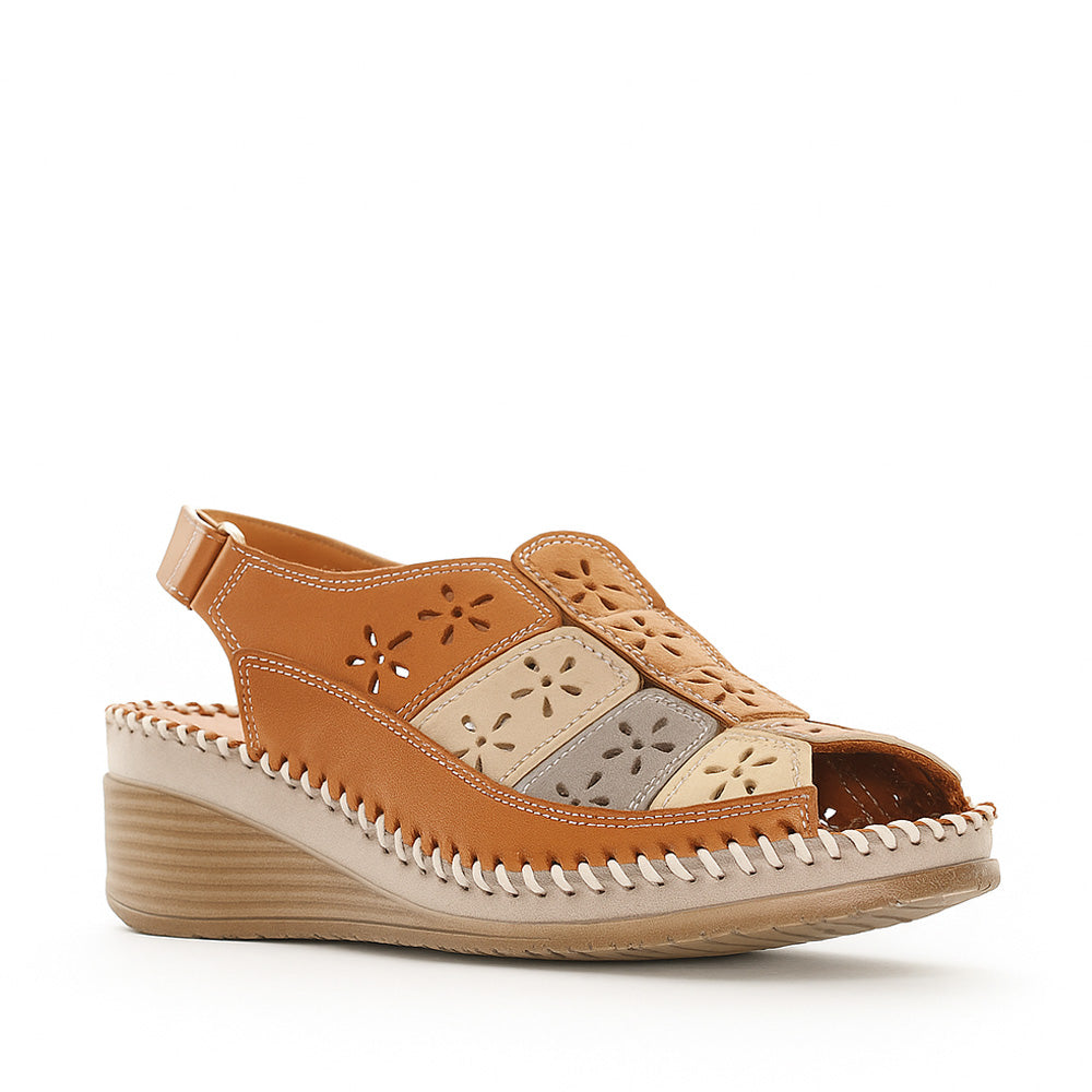 Le Sansa Kirra Tan Multi sandals featuring stylish straps and a comfortable design, perfect for casual summer wear.