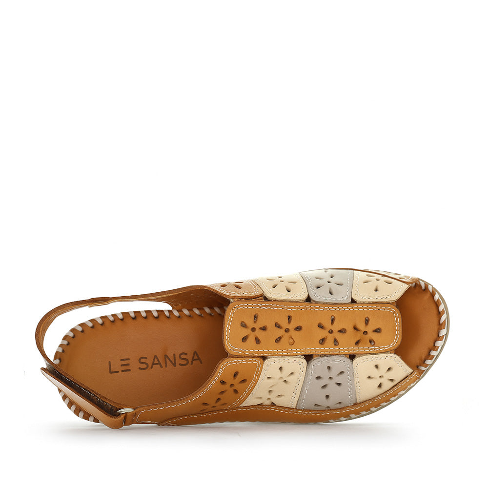 Le Sansa Kirra Tan Multi sandals featuring a strappy design and casual style, perfect for summer wear.