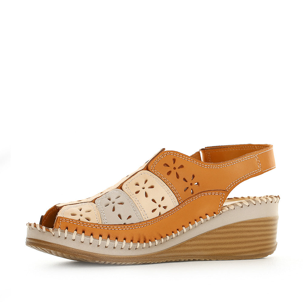 Le Sansa Kirra tan multi sandals featuring stylish straps and comfortable design, perfect for casual summer wear.