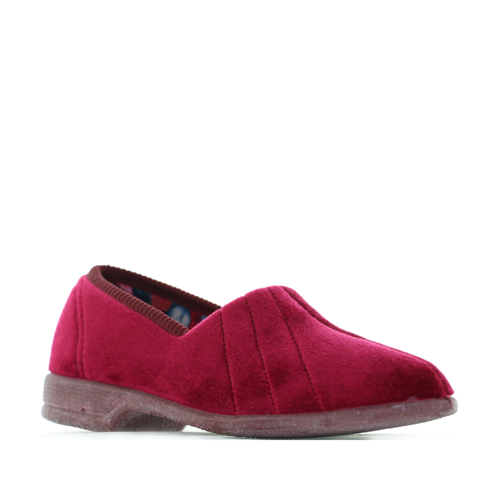 Euroflex Koala Burgundy slippers with soft fabric and plush lining, showcasing cozy and stylish footwear for comfortable wear.