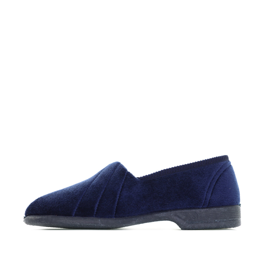 Euroflex Koala navy slippers showing a cozy, soft navy blue design with textured fabric and slip-on style.