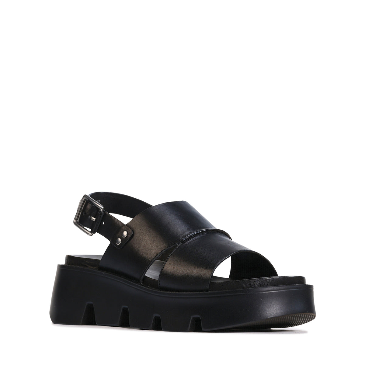 Eos Kaily Black sandals with open toes and ankle straps, stylish footwear for casual or summer wear.