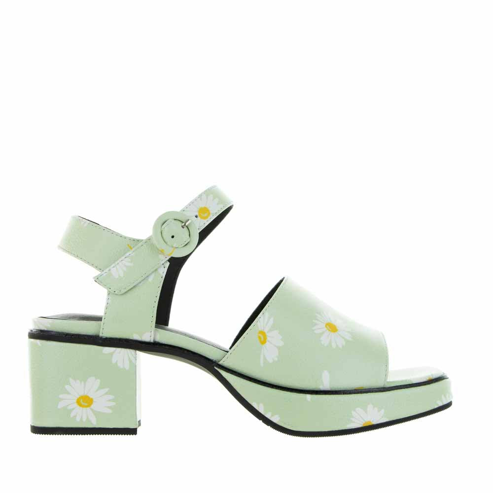Le Sansa Ryalay Mint Floral sandals with green straps and floral embellishments, stylish and comfortable footwear for warm weather.