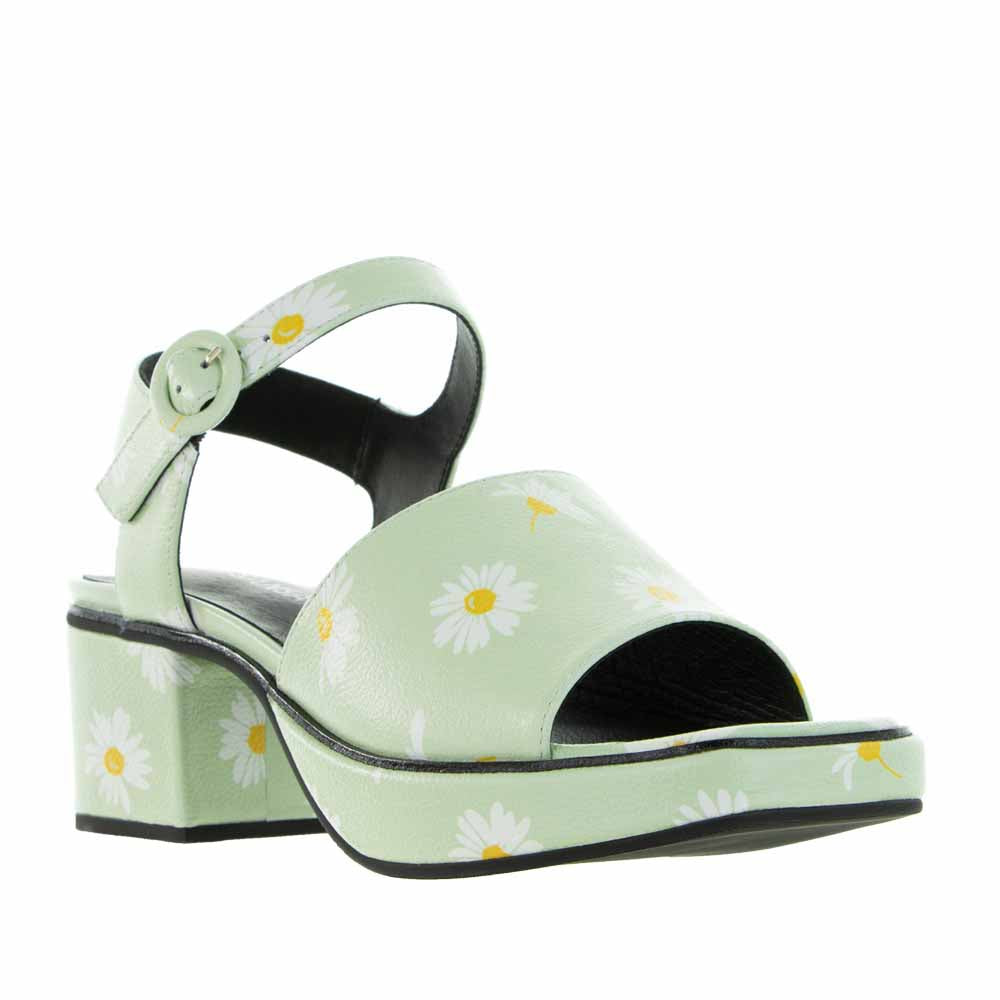 Le Sansa Ryalay Mint Floral sandals with green straps and floral embellishments, perfect for casual summer wear.