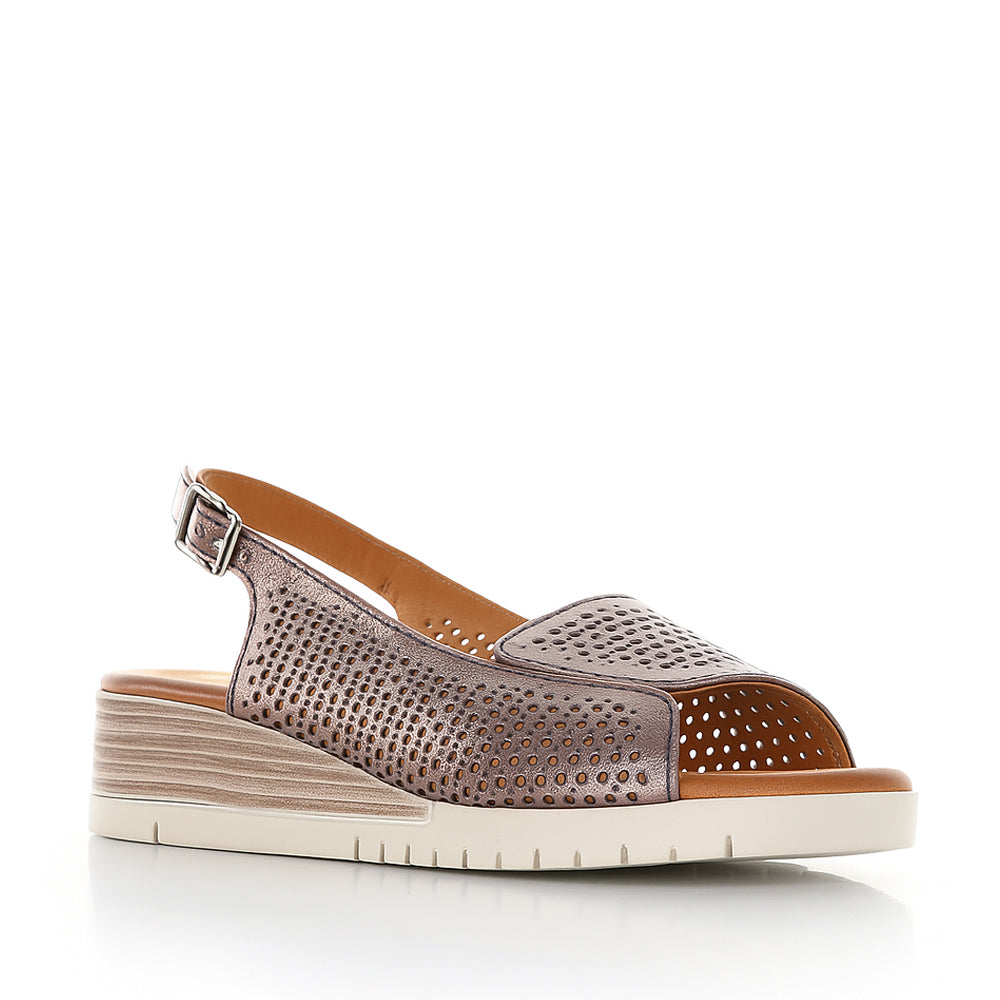 Le Sansa Terina pewter sandals with open toe design and ankle strap, featuring stylish metallic finish and comfortable flat sole.