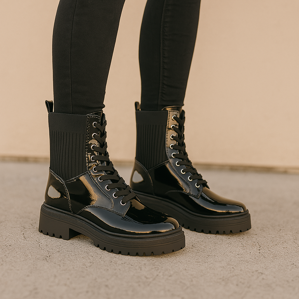 Black patent leather boots from Le Sansa Sansa Candy collection, featuring a sleek, shiny finish and stylish design.