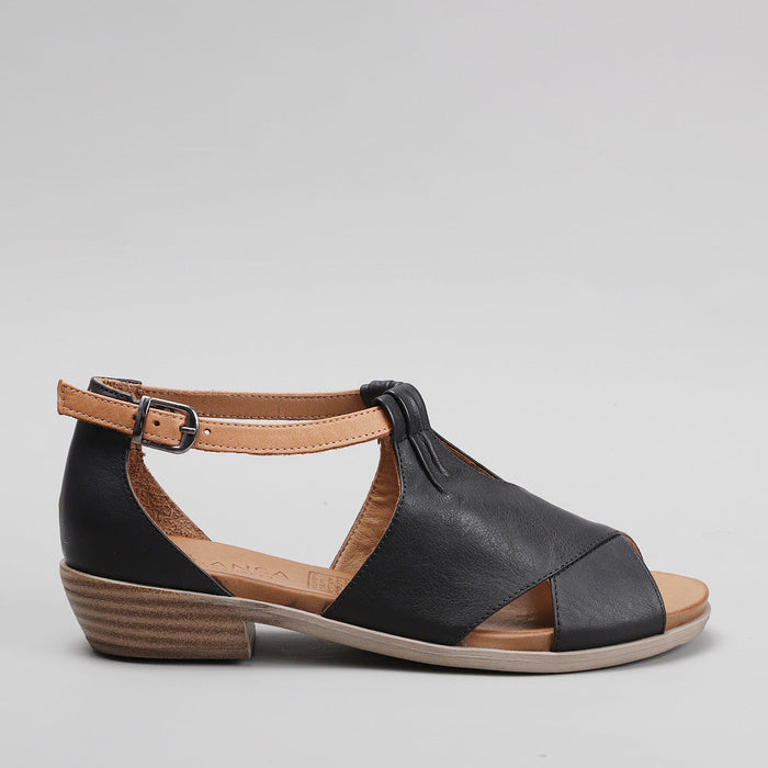 Le Sansa Digby black and tan sandals with open toes and ankle straps, stylish footwear for casual wear.