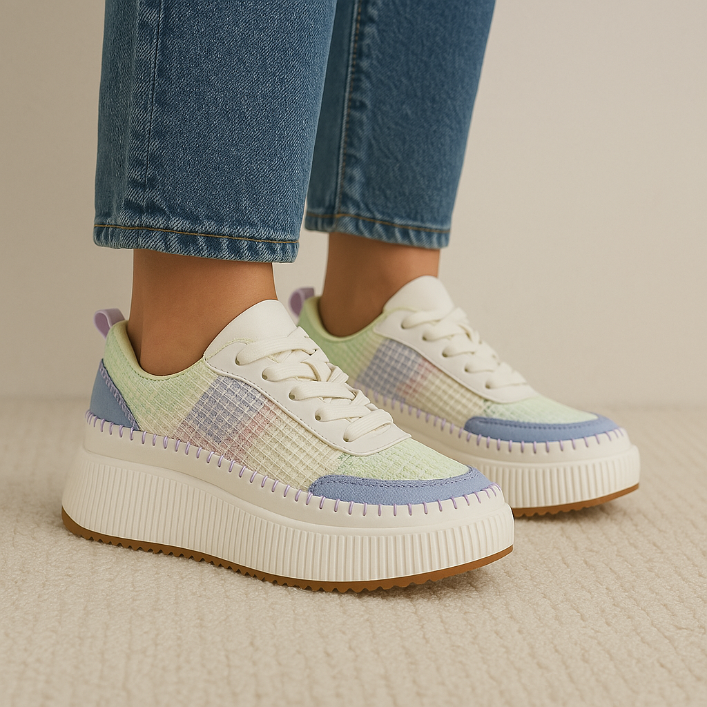 Le Sansa Dunk blue multi sneakers featuring a vibrant multi-colored design and classic sneaker silhouette.