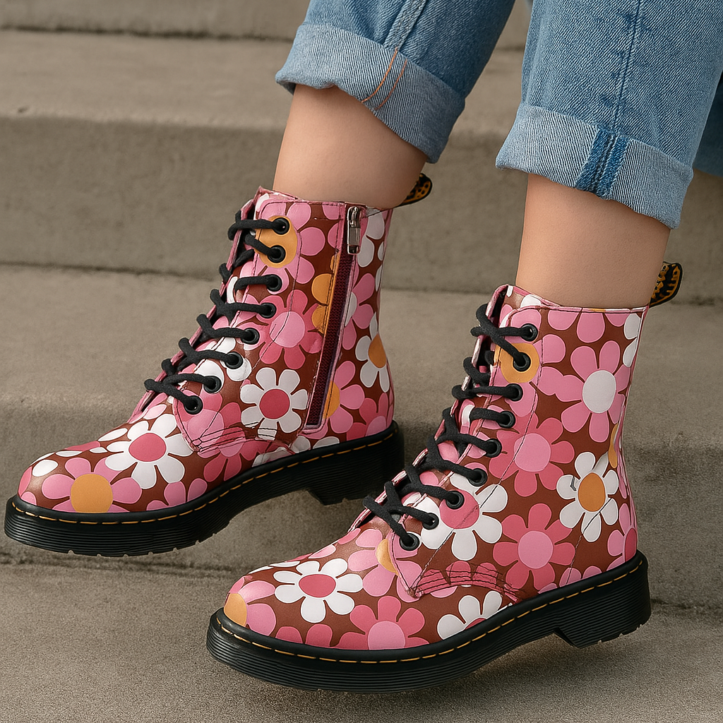 Le Sansa depth pink floral boots with floral pattern and ankle-high design, showcasing stylish footwear with a pink and floral motif.