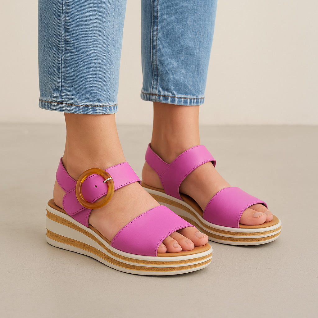 Le Sansa Guard hot pink sandals with adjustable straps and cushioned soles, perfect for casual summer wear.