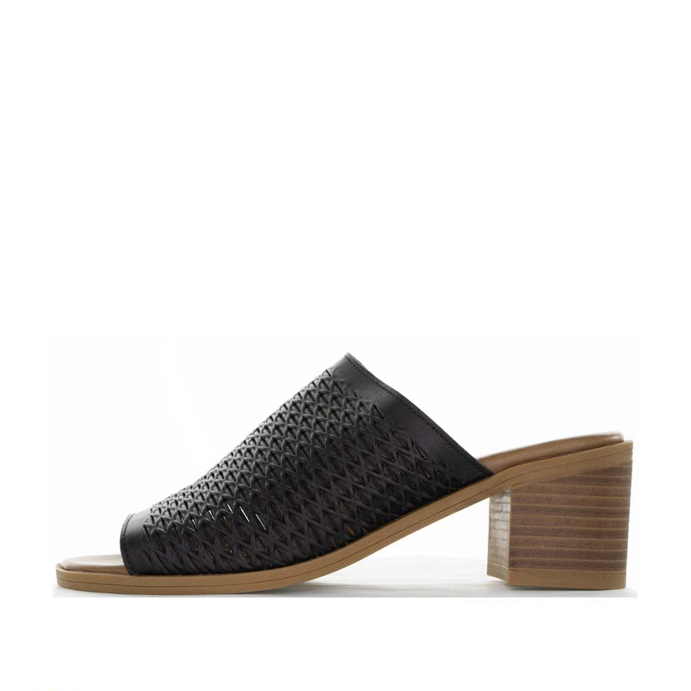 Black Le Sansa Lesansa Lovia II heels with sleek design and pointed toes, shown from a side angle.