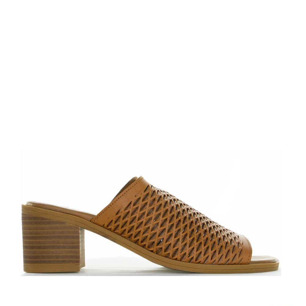 Le Sansa Lesansa Lovia II tan heels featuring a stylish open-toe design and sleek stiletto heel.