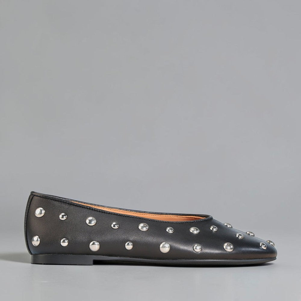 Black EOS Lune Stud loafers with gold-tone stud accents, stylish slip-on footwear for casual or dressy occasions.