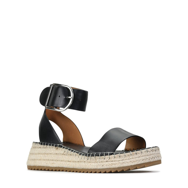 Eos Larah black sandals with open toe design and ankle strap, stylish footwear for casual or dressy occasions.