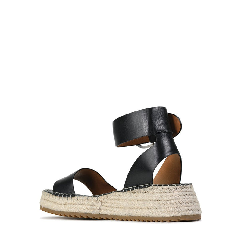 Eos Larah black sandals with open toe design and ankle strap, showcasing the stylish interior and comfortable fit.