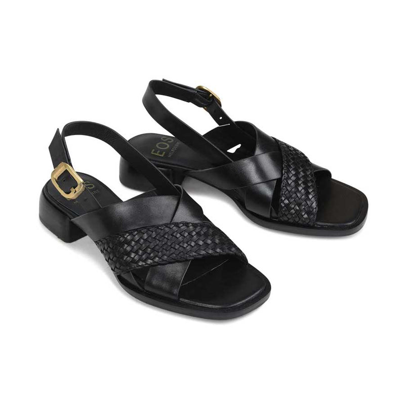 EOS Laticia Onyx sandals featuring black leather straps and a stylish open-toe design, shown from the top view.