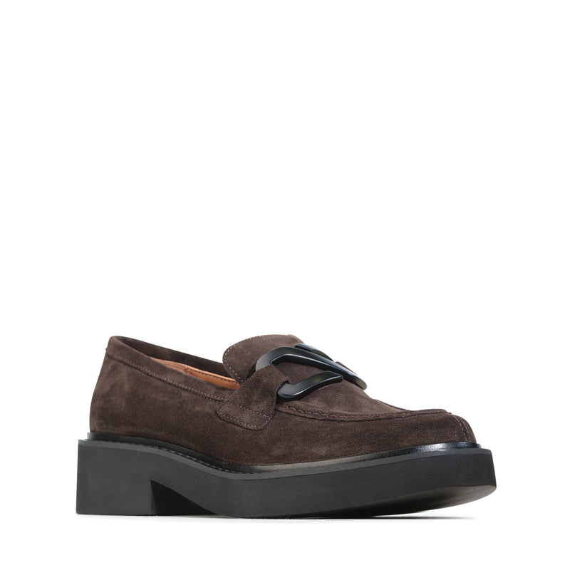 EOS Leia Mahogany suede loafers, stylish women's footwear with a classic design and rich mahogany color.