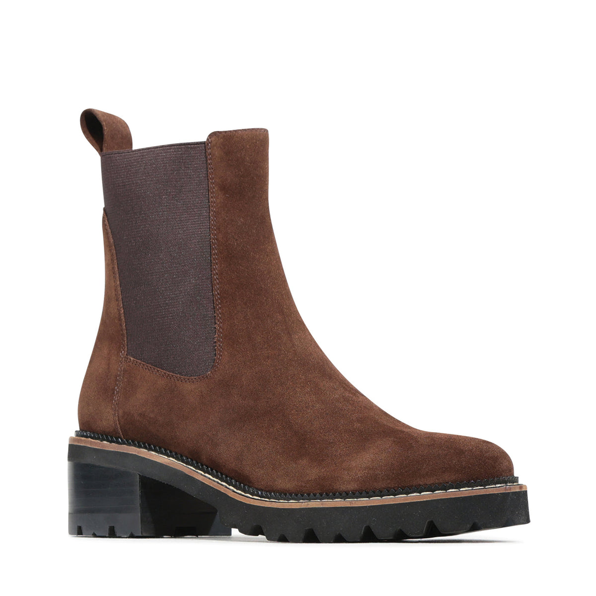 Eos Linear Chestnut Suede Boots with a sleek design, featuring smooth chestnut-colored suede material and stylish ankle-length cut.