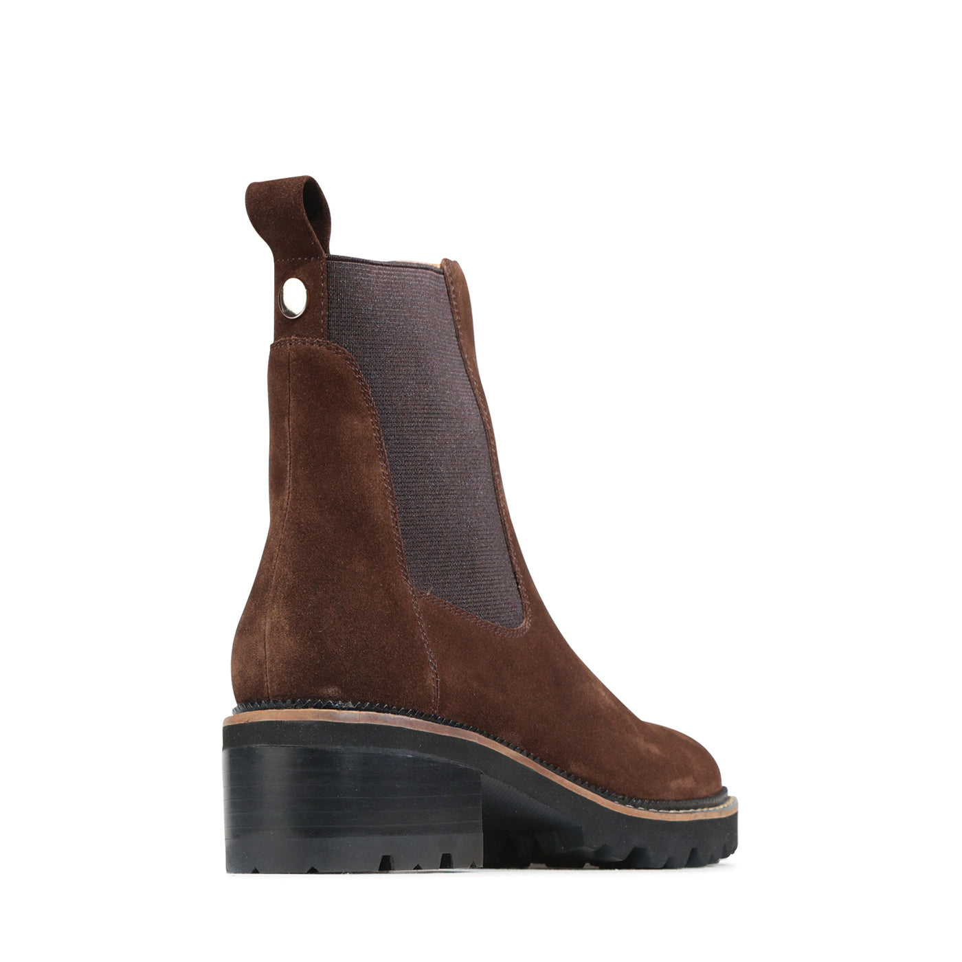 EOS linear chestnut suede boots with a sleek design and rounded toe, featuring a low heel and smooth suede finish.