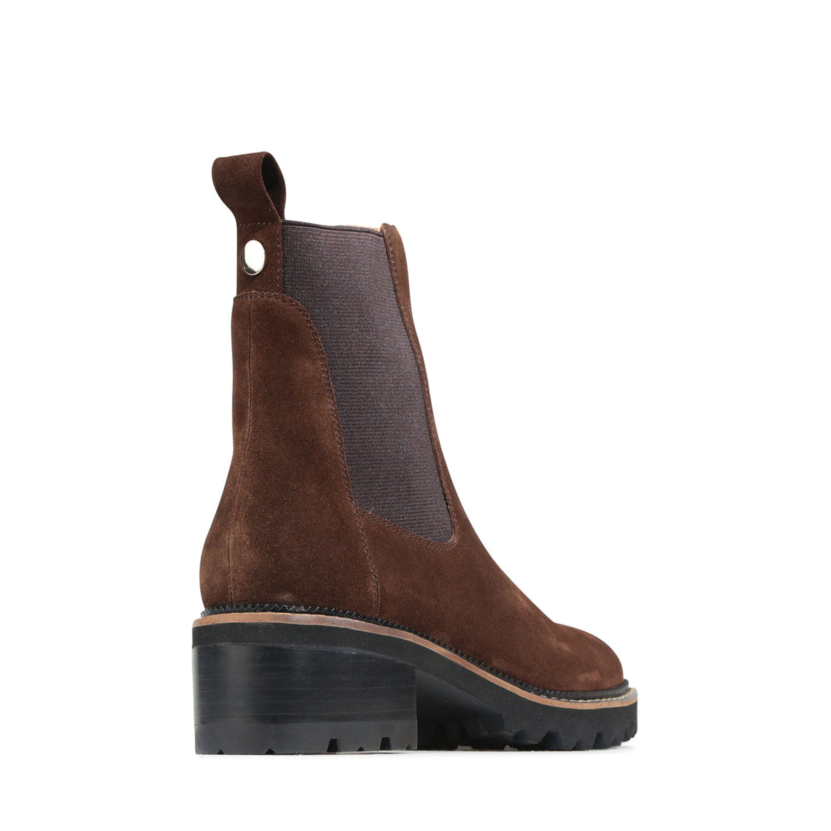 Eos Linear Chestnut Suede Boots featuring a sleek design, rounded toe, and stylish ankle height in rich chestnut suede.