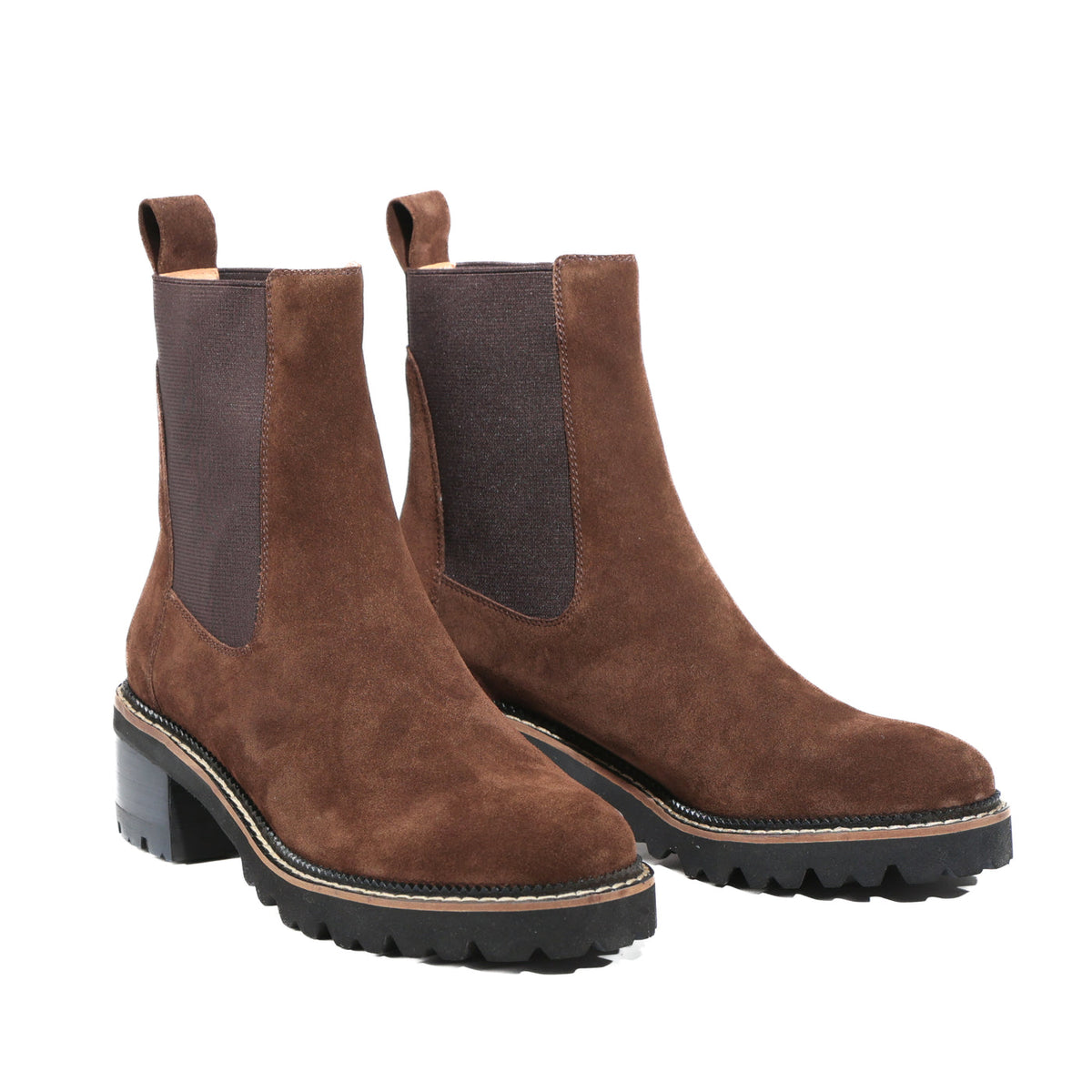 Eos Linear Chestnut Suede Boots with rounded toe and low heel, stylish footwear for casual wear.