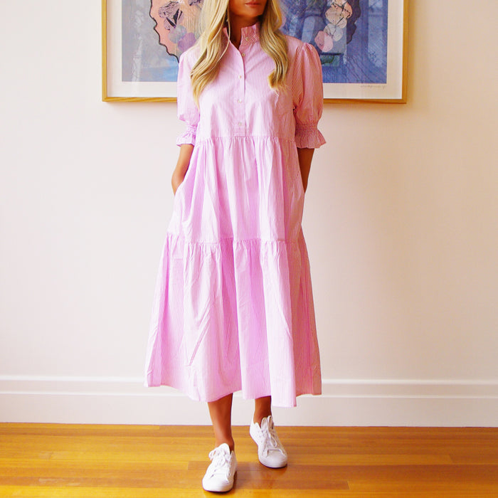 Pink and white stripe cotton dress for girls from Who's Charlie Lottie collection, featuring a charming poplin design.
