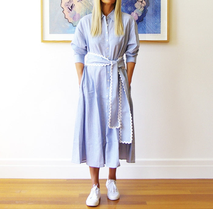 Blue and white striped long yarn dress by Who's Charlie featuring a stylish, comfortable design for casual wear.