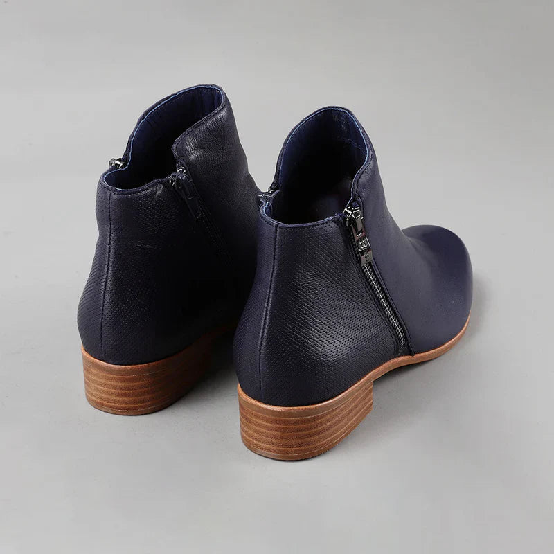 Le Sansa Murphy Navy boots showing back view with navy leather and sturdy sole, stylish and comfortable footwear.
