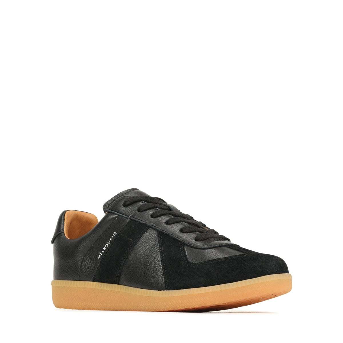 Eos Melbaa black sneakers featuring a sleek design with black laces and stylish details for casual and athletic wear.