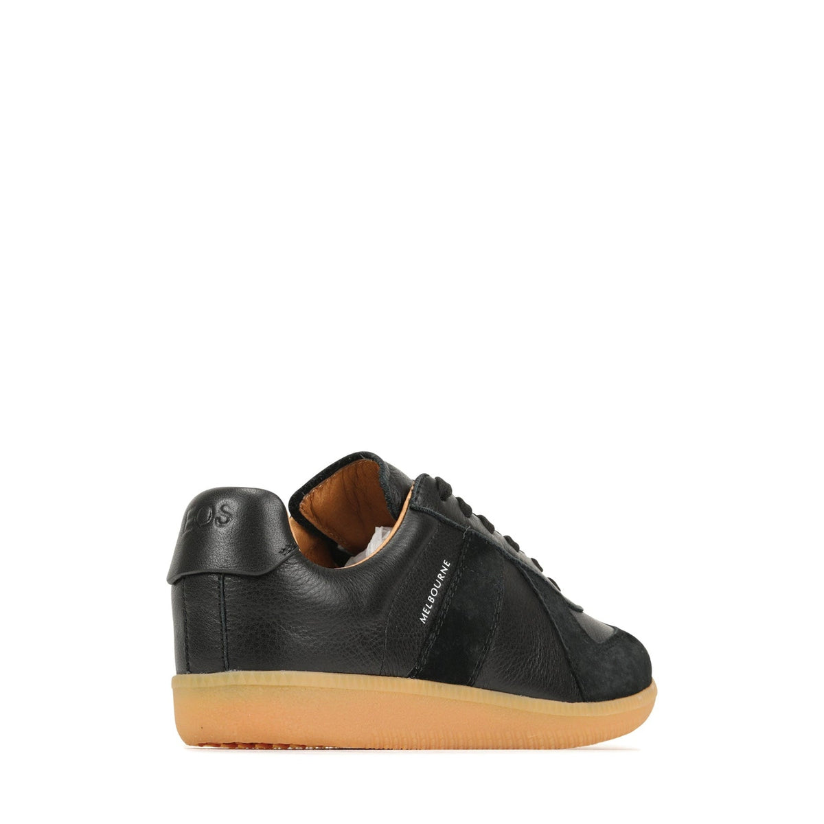 Eos Melbaa black sneakers featuring a sleek design with black laces and a comfortable rubber sole.