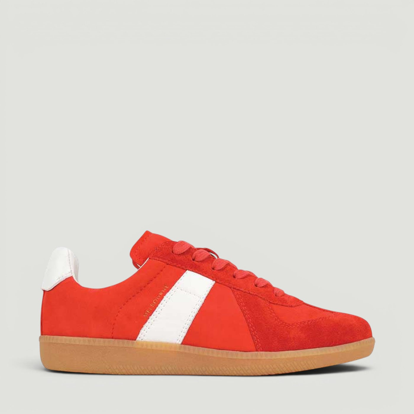 Red EOS Melbaa sneakers featuring a sleek design and comfortable fit, shown from a side view.