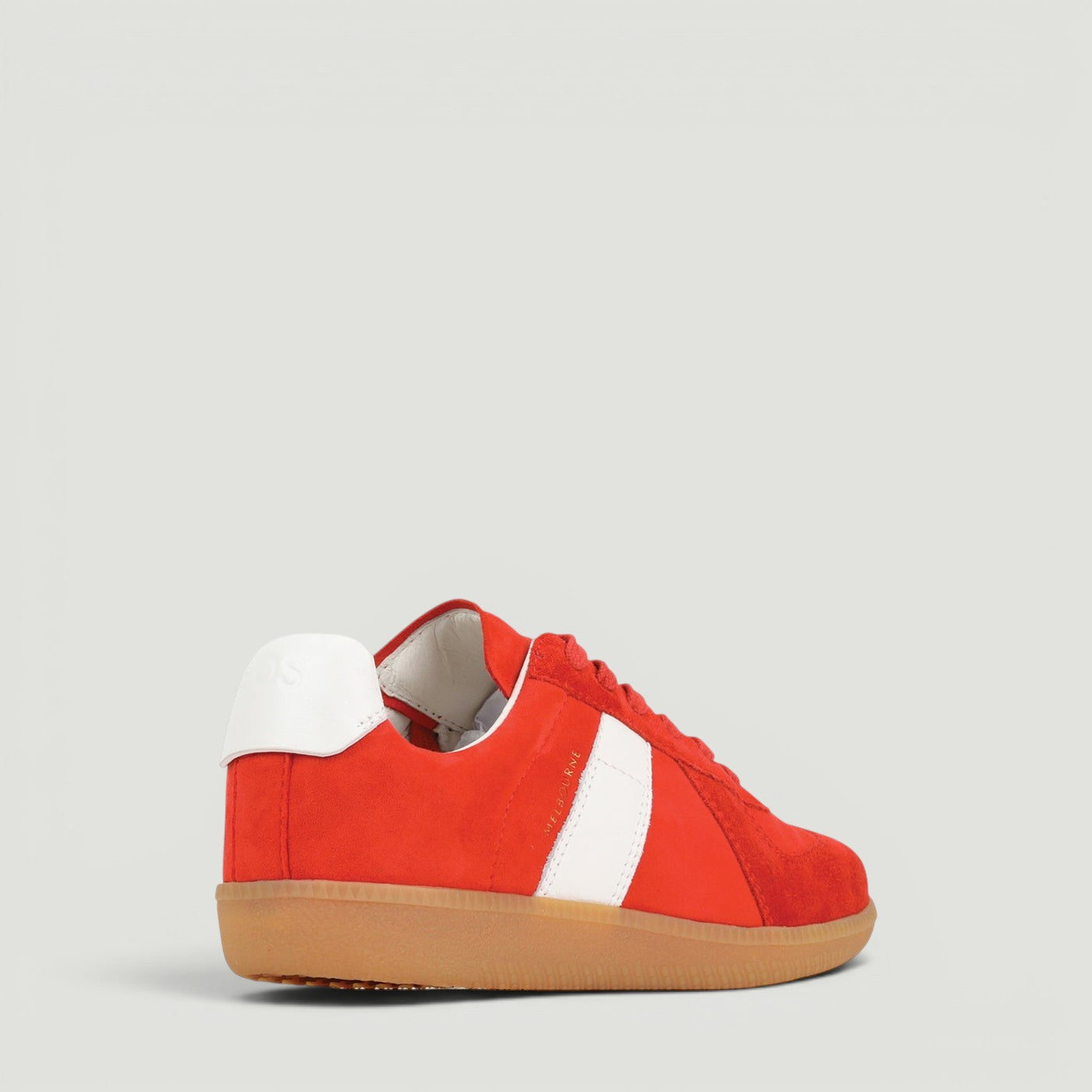 Red EOS Melbaa sneakers with white accents, showcasing the stylish design and comfortable fit of these casual athletic shoes.