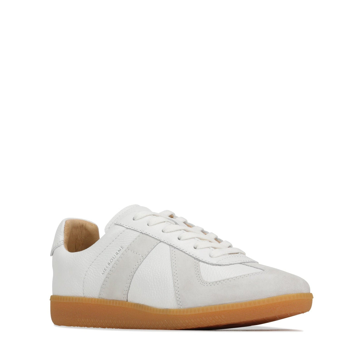 Eos Melbaa white sneakers with sleek design, featuring white laces and modern silhouette for casual wear.