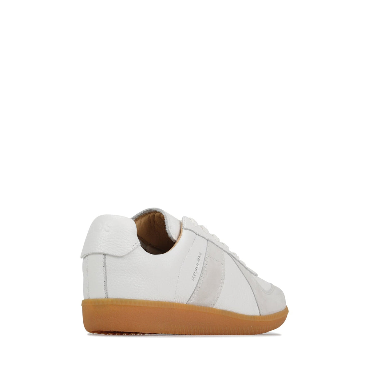 Eos Melbaa white sneakers with clean design and white laces, showcasing a stylish casual footwear option.