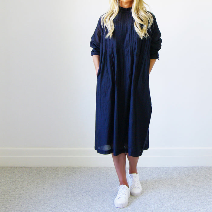 Navy Morgan dress by Who's Charlie featuring a sushi and viole print, casual fit, and stylish design for women.